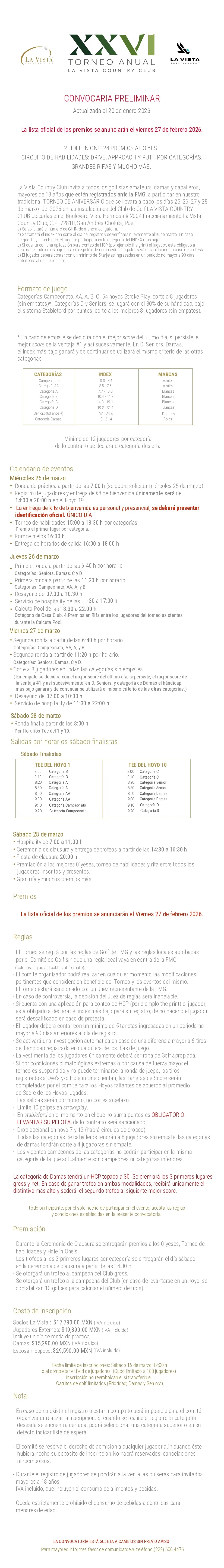 CONVOCATORIA TORNEO ANUAL XXV LA VISTA COUNTRY CLUB